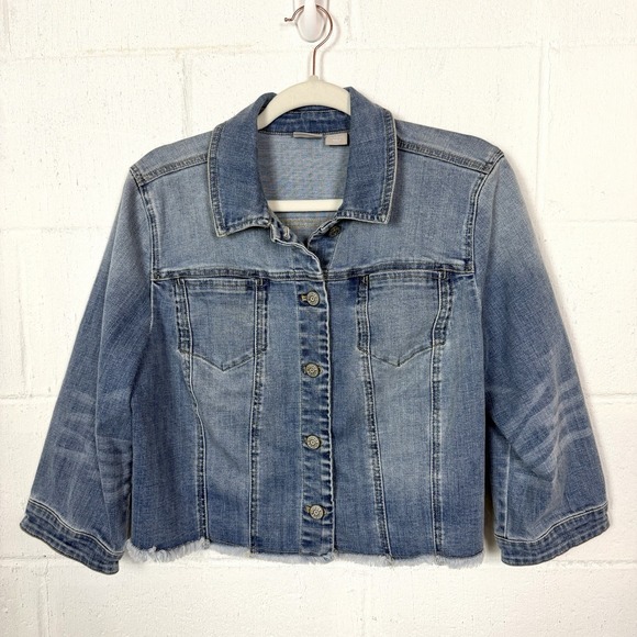 Chico's Jackets & Blazers - Chico's Cropped Jean Trucker Jacket Boxy Frayed Stretch Layering Capsule Size L